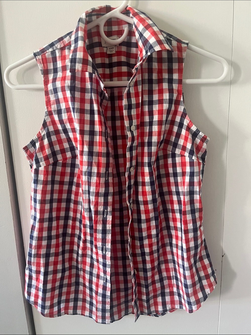 J. Crew Red White and Navy Plaid Sleeveless Button-Front Blouse
